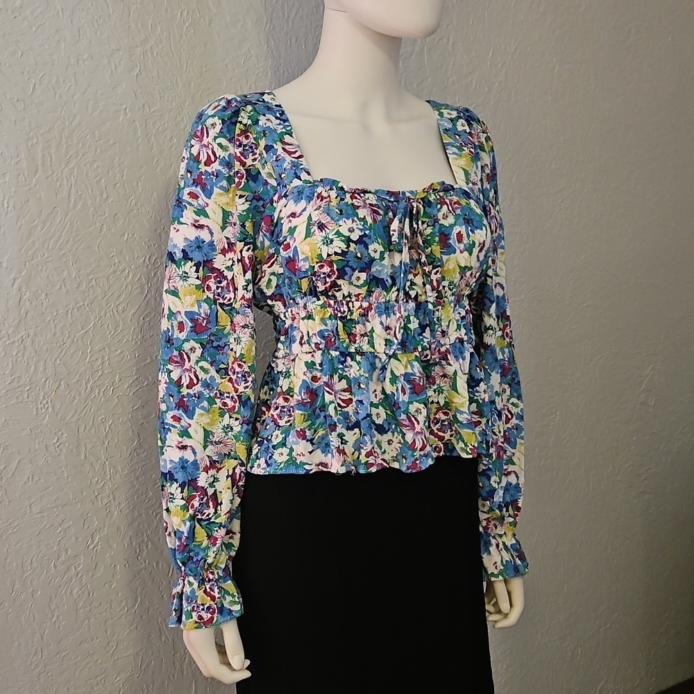 SO Floral Print Square Neck Corset Style Long Sleeve Peasant Top - Picture 2 of 10